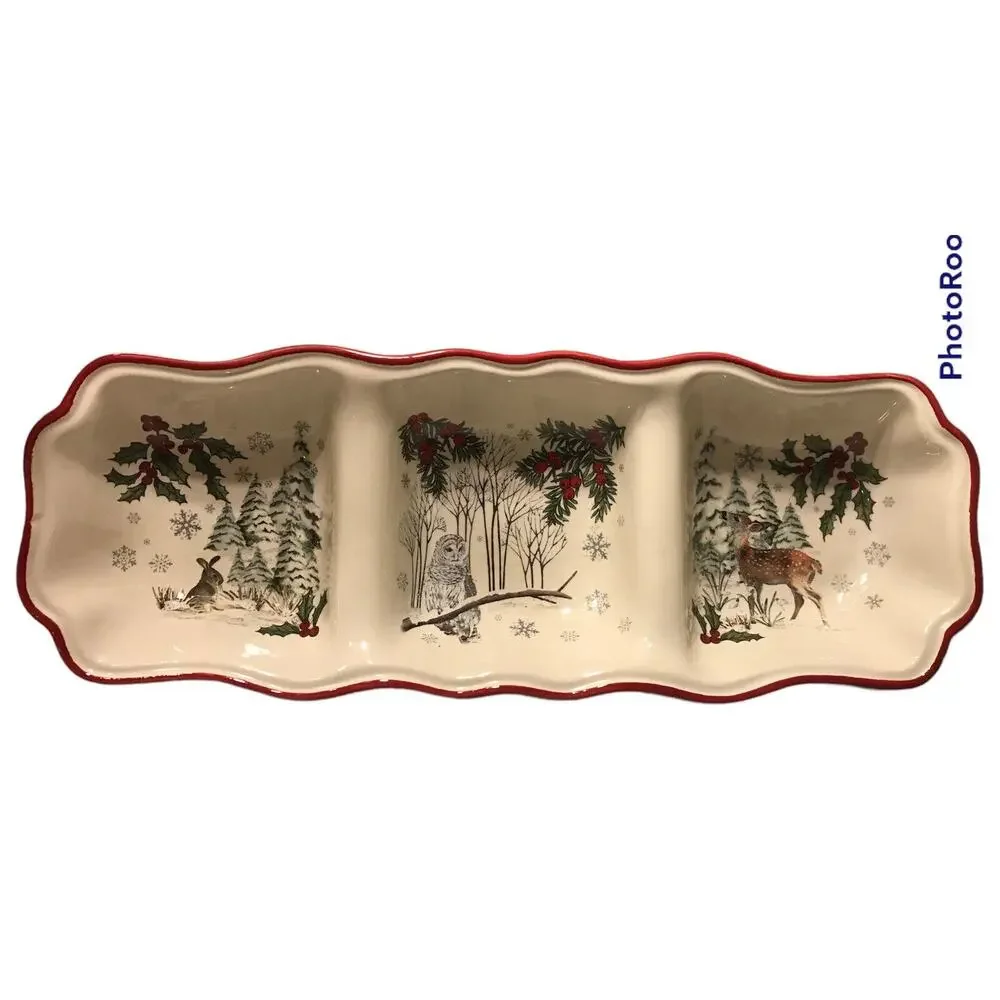 Better Homes Gardens Serving Dish Winter Holiday Heritage Tray 3 Section Ceramic